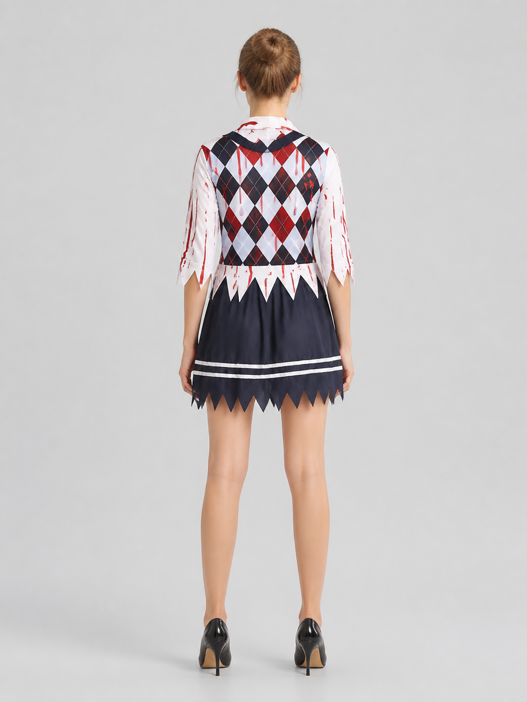Zombie cosplay costume, school style, stripes back view