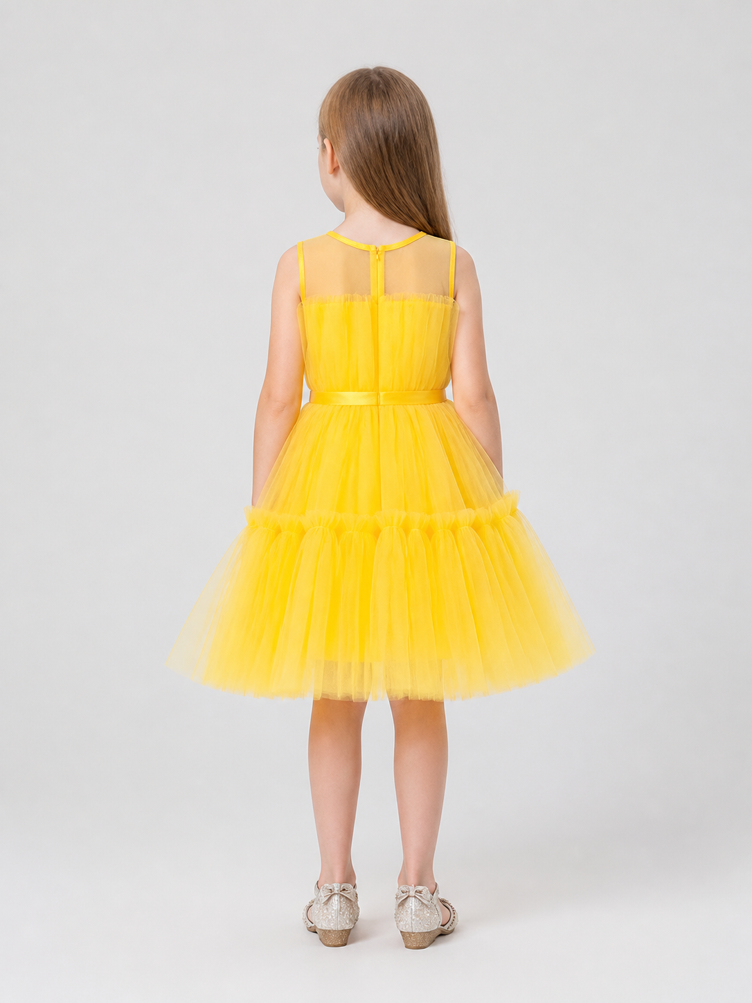 Yellow Princess Dress for Girls, Full Skirt, Bow back view
