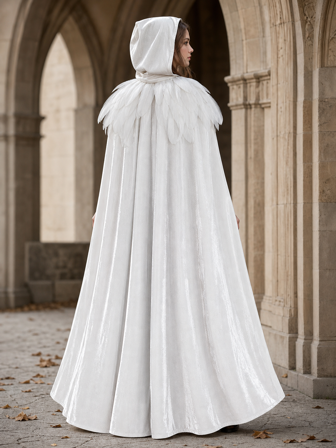White Velvet Cape with Feather Trim, Maxi