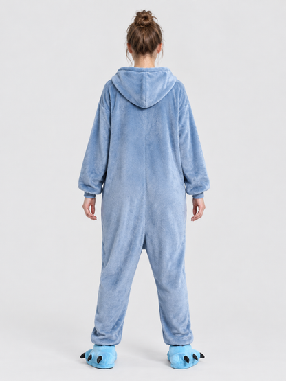 Gray-Blue Flannel Hooded Pajama Jumpsuit