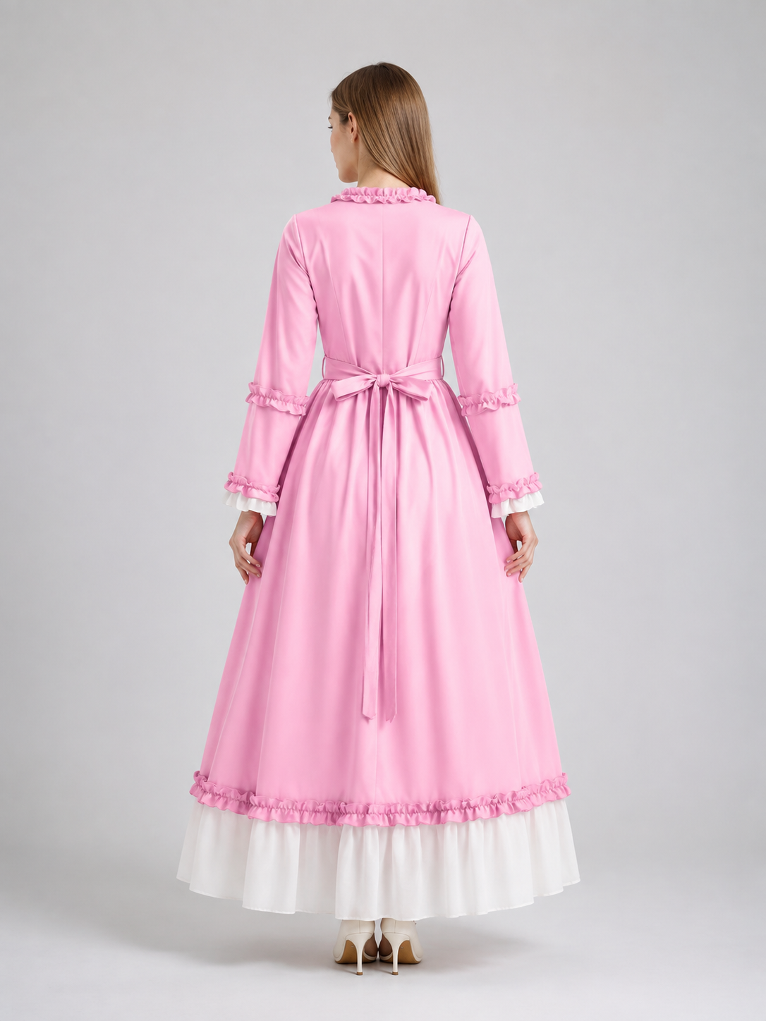 Pink and White Carnival Dress with Bow and Ruffles back view
