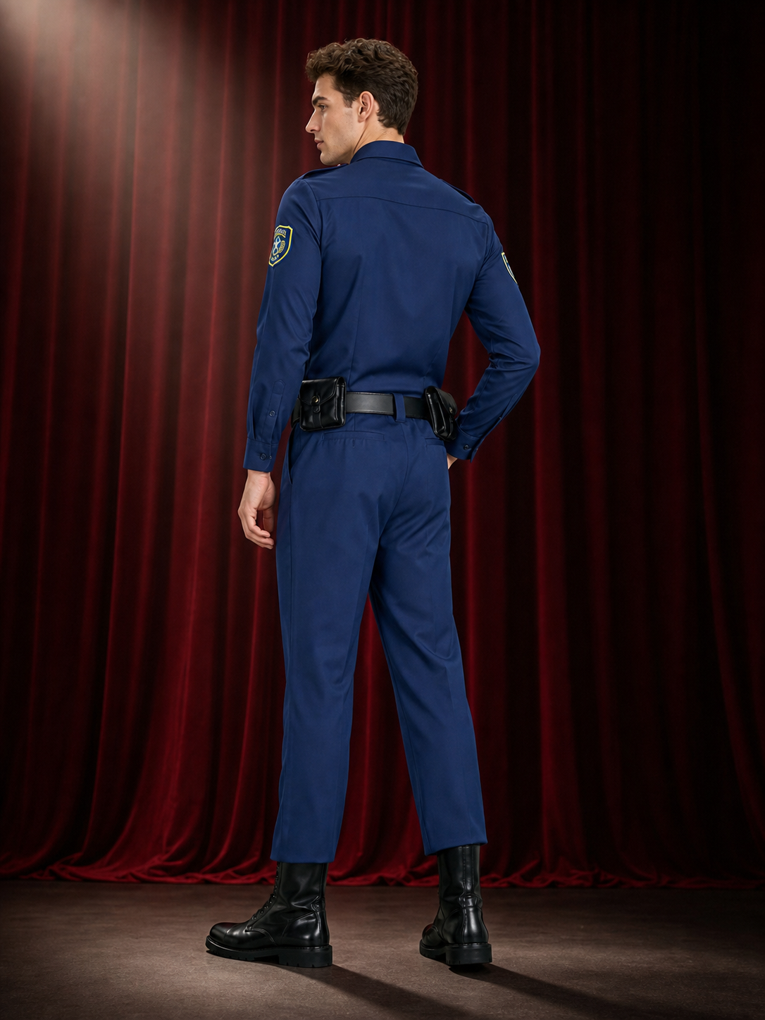 Police Officer Costume Set with Badge, Belt, and Tie - Navy Blue back view