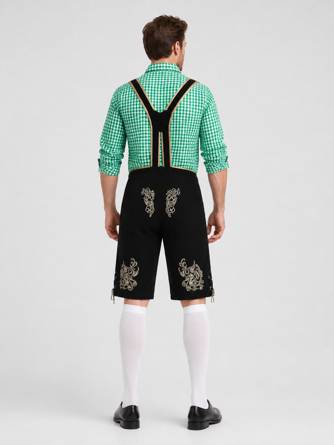 Bavarian Costume: Plaid Shirt, Shorts, and Hat back view