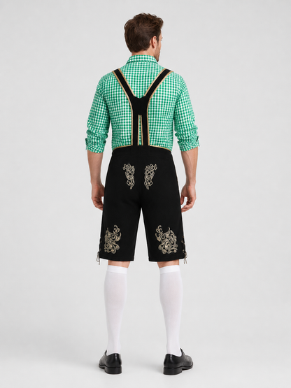 Bavarian Costume: Plaid Shirt, Shorts, and Hat back view