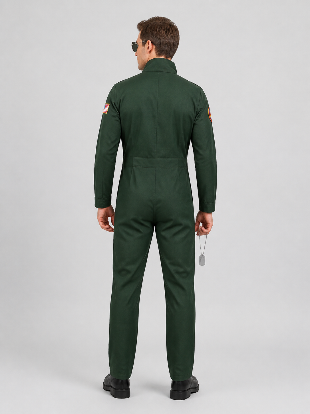 Top Gun Pilot Cosplay Jumpsuit, Khaki, Glasses and Chain back view