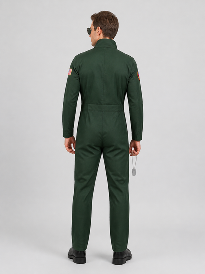 Top Gun Pilot Cosplay Jumpsuit, Khaki, Glasses and Chain back view