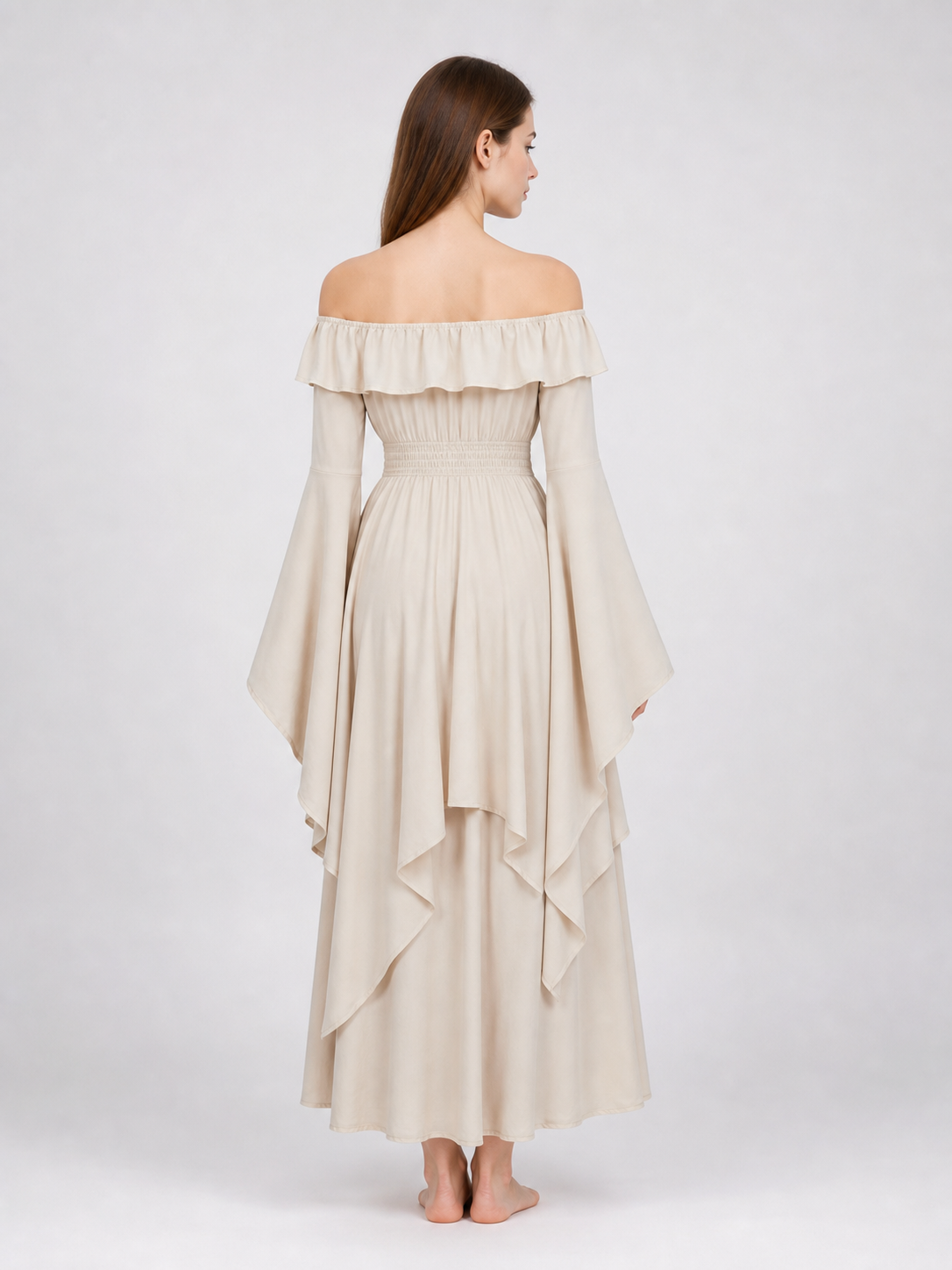 Red off-the-shoulder maxi evening dress
