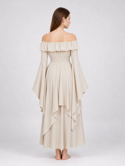 Red off-the-shoulder maxi evening dress