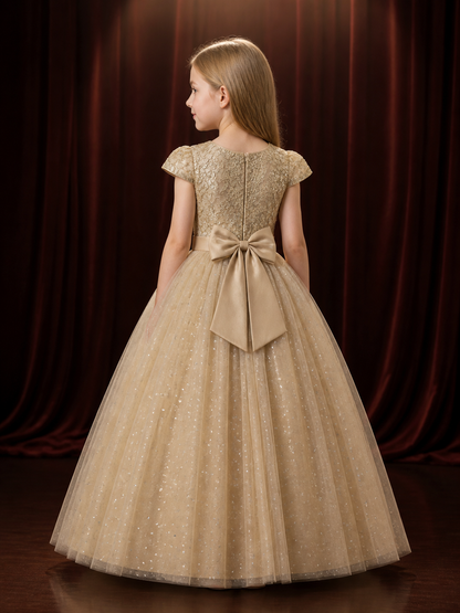 Girls' Champagne Princess Dress with Floral Lace, Bow and Sequin Tulle Skirt back view