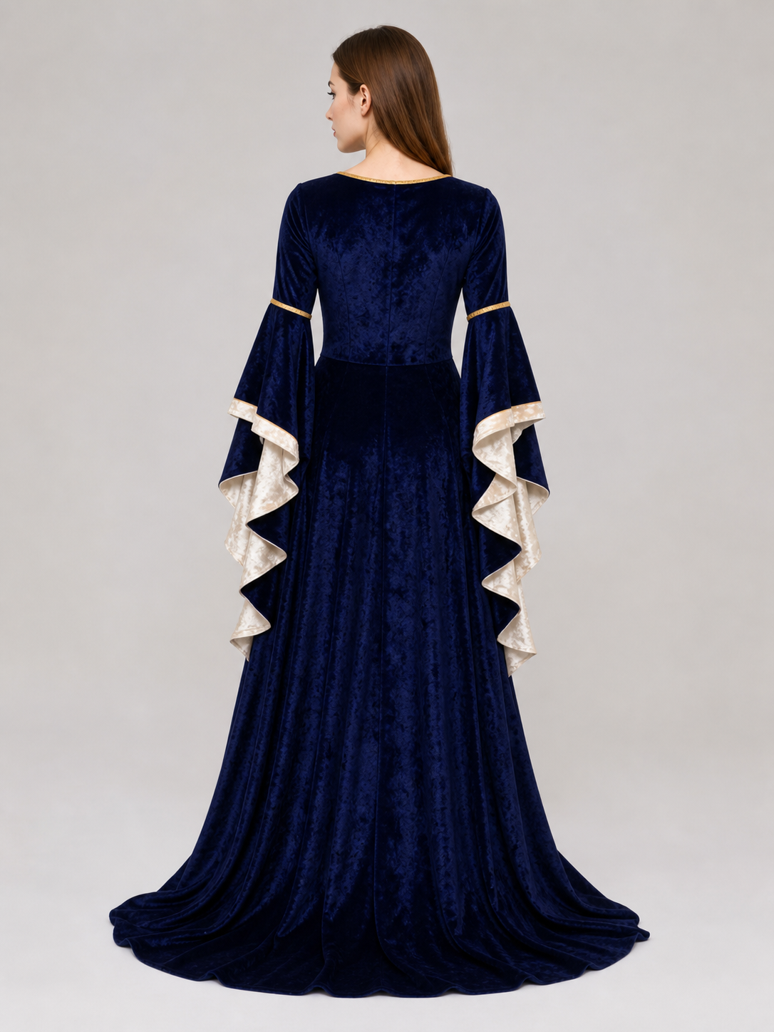 Gothic medieval-style dress made of textile fabric, featuring a floor-length design with a full skirt and flared sleeves. The sleeves are accented with tiered ruffles that emphasize the costume’s historical character. The main color is deep