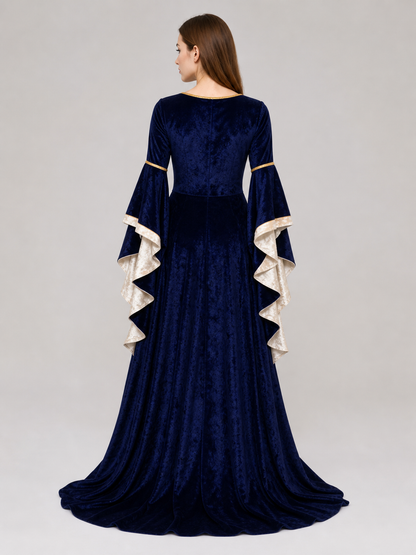 Gothic medieval-style dress made of textile fabric, featuring a floor-length design with a full skirt and flared sleeves. The sleeves are accented with tiered ruffles that emphasize the costume’s historical character. The main color is deep