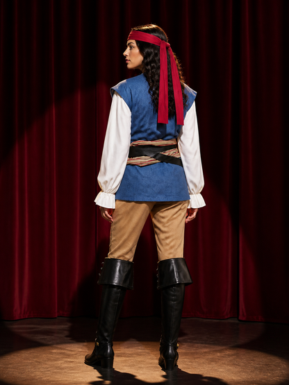 Adult Pirate Costume Set with Vest, Shirt, Pants, Headpiece and Boot Covers back view
