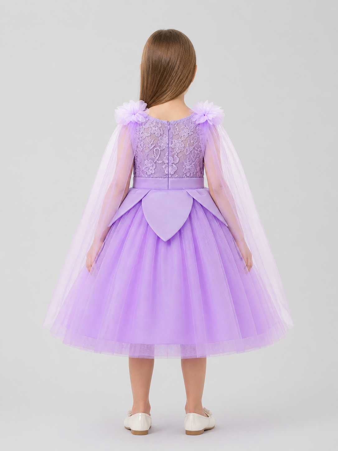 Girls' Princess Dress with Lace and Full Skirt back view