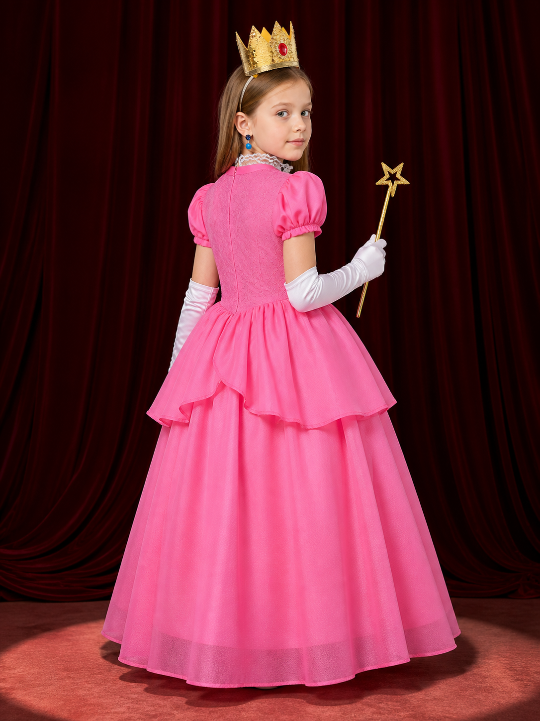 Girls Princess Peach Puffy Sleeve Costume Set with Crown and Wand for Halloween back view