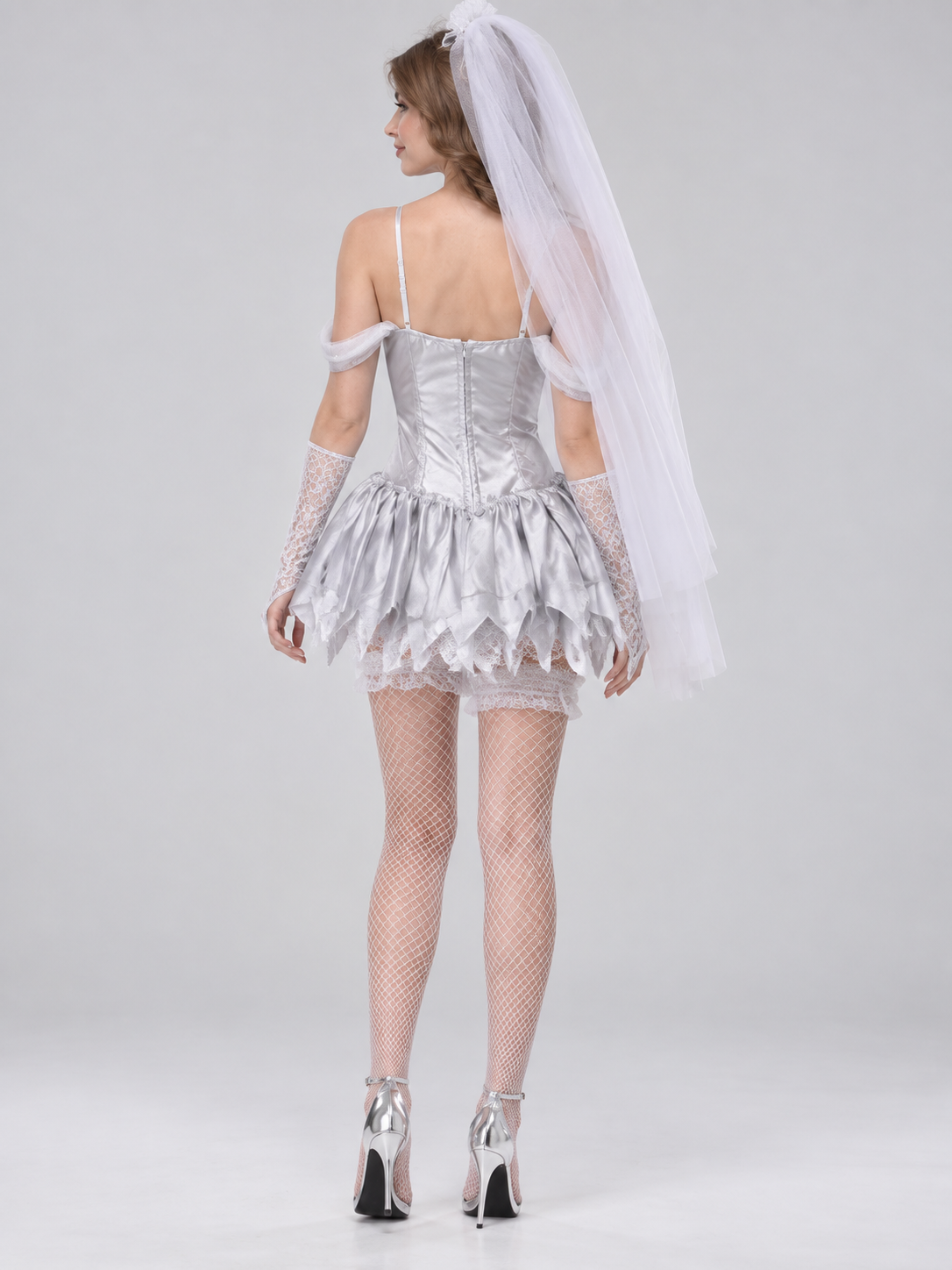 Ghost Costume: White Dress, Lace Gloves, Veil