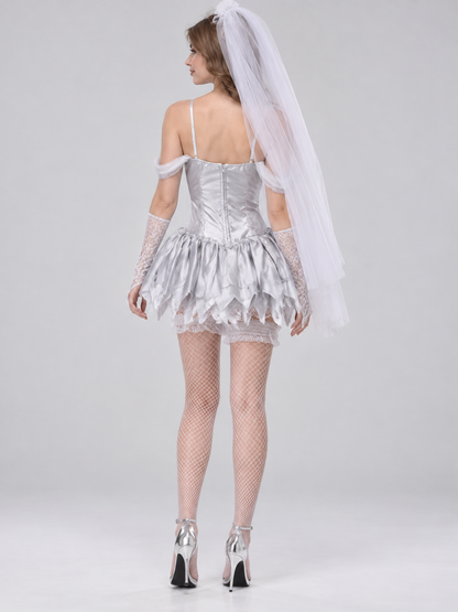 Ghost Costume: White Dress, Lace Gloves, Veil