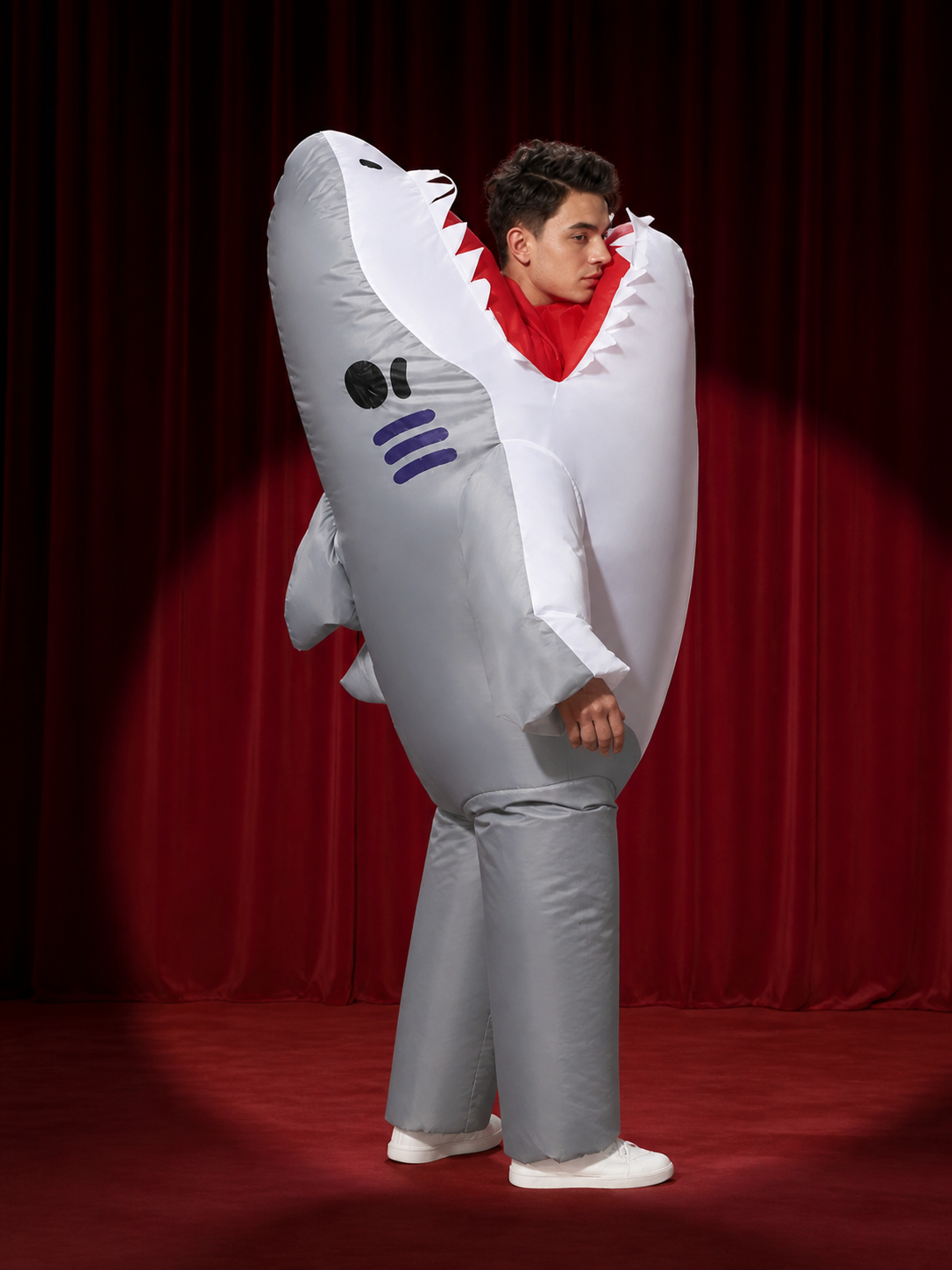 Adult Shark Costume Jumpsuit with Striped Fins and Teeth, Halloween Party Outfit back view