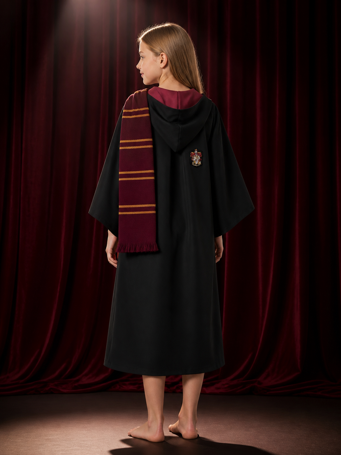 Kids Wizard Robe Costume Set with Striped Scarf, Black, Red and Gold back view
