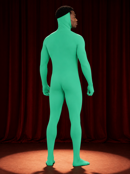 Kids Fluorescent Green Zentai Jumpsuit Costume, Hooded Full-Body Halloween back view