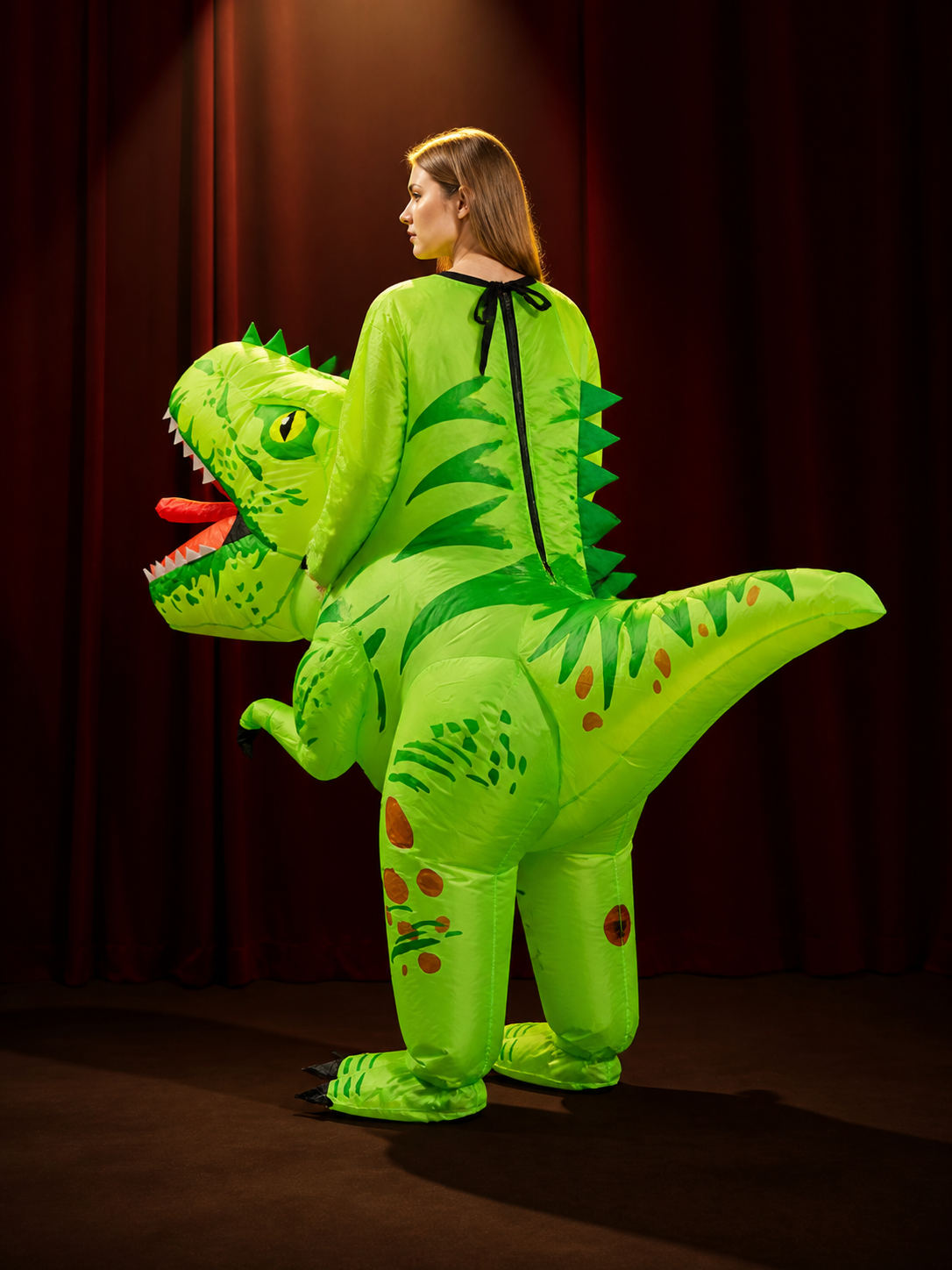 Adult Inflatable Dinosaur Costume, Green Full-Body Outfit With Spikes And Long back view