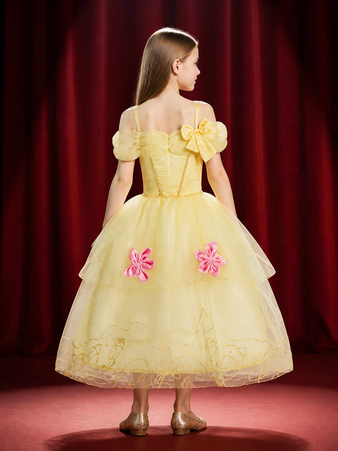 Girls Princess Costume Dress, Light Yellow Party Dress With Bow, Puff Sleeves back view
