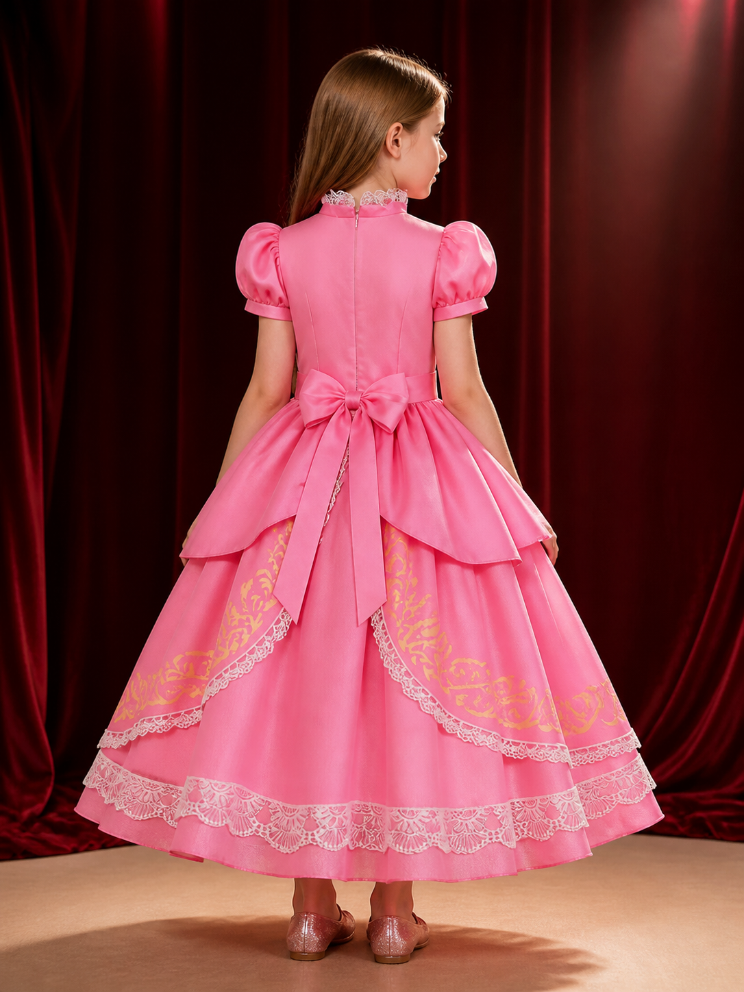 Kids' Pink Princess Costume Dress with Lace Trim, Puff Sleeves and Layered Skirt back view