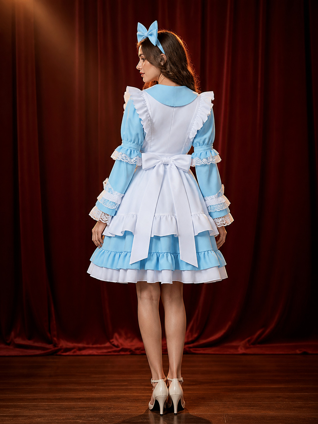 Girls Princess Costume Dress, Light Blue Layered Tutu Gown with Bow and back view