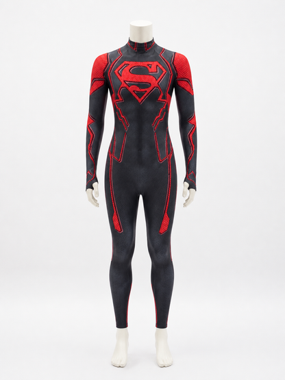Superboy Stretch Print Bodysuit Costume, Red Black Superhero Jumpsuit back view
