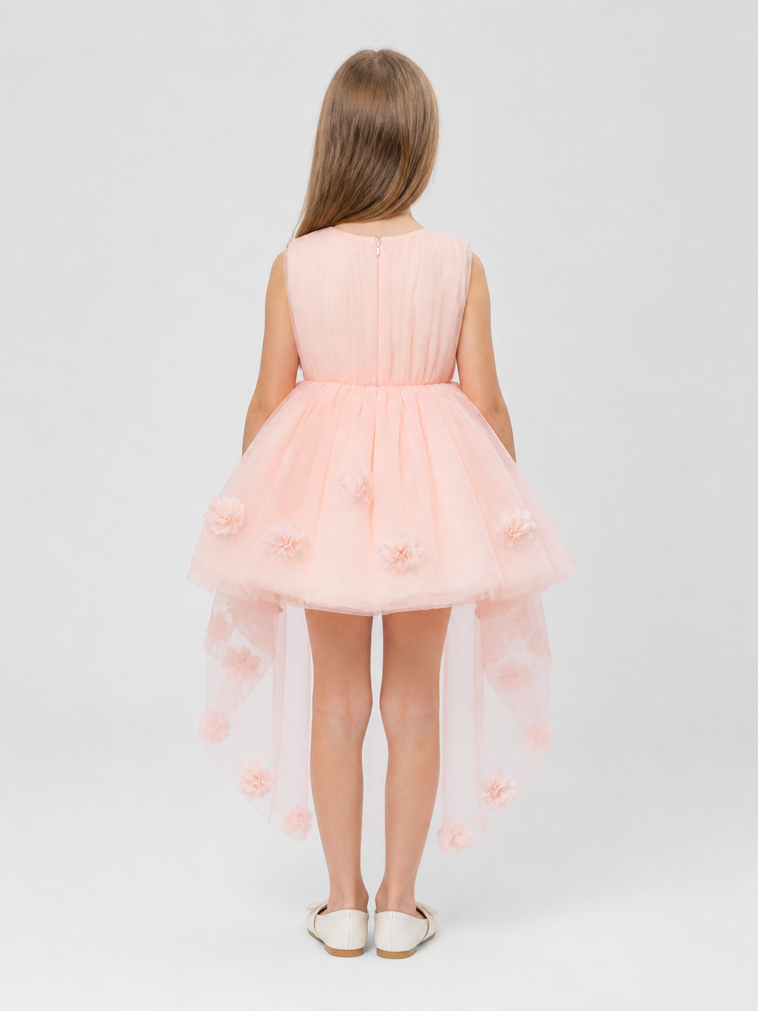 Sleeveless Children's Tutu Dress with Flowers and a Train back view