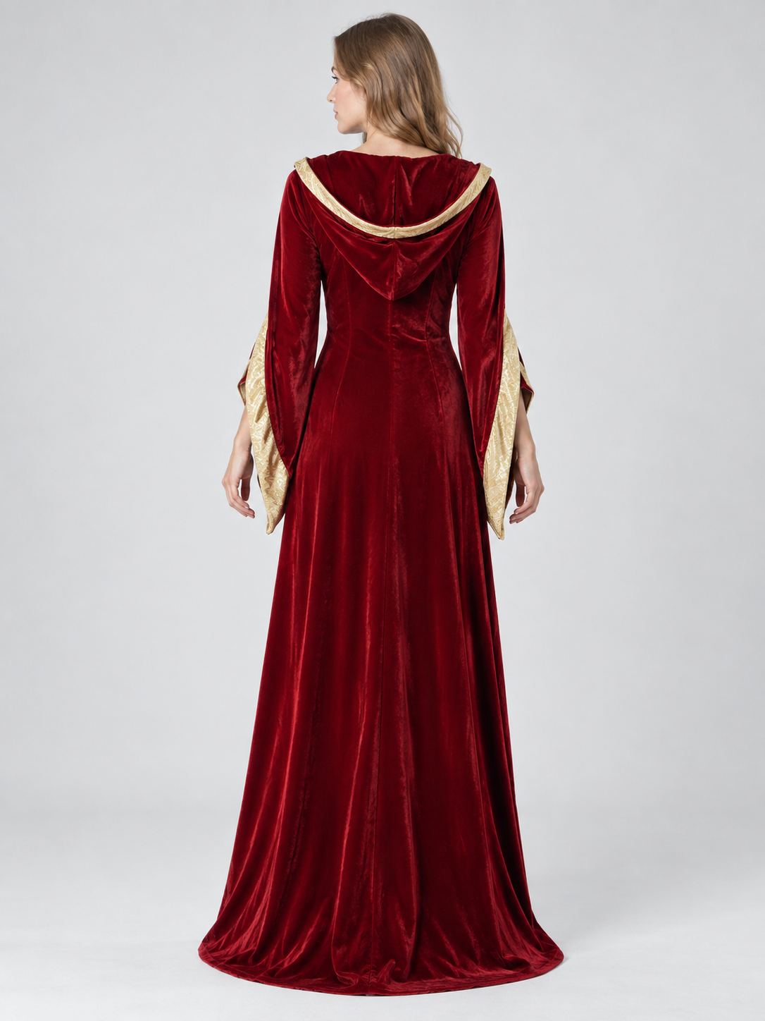 Long Burgundy and Gold Carnival Dress with Hood