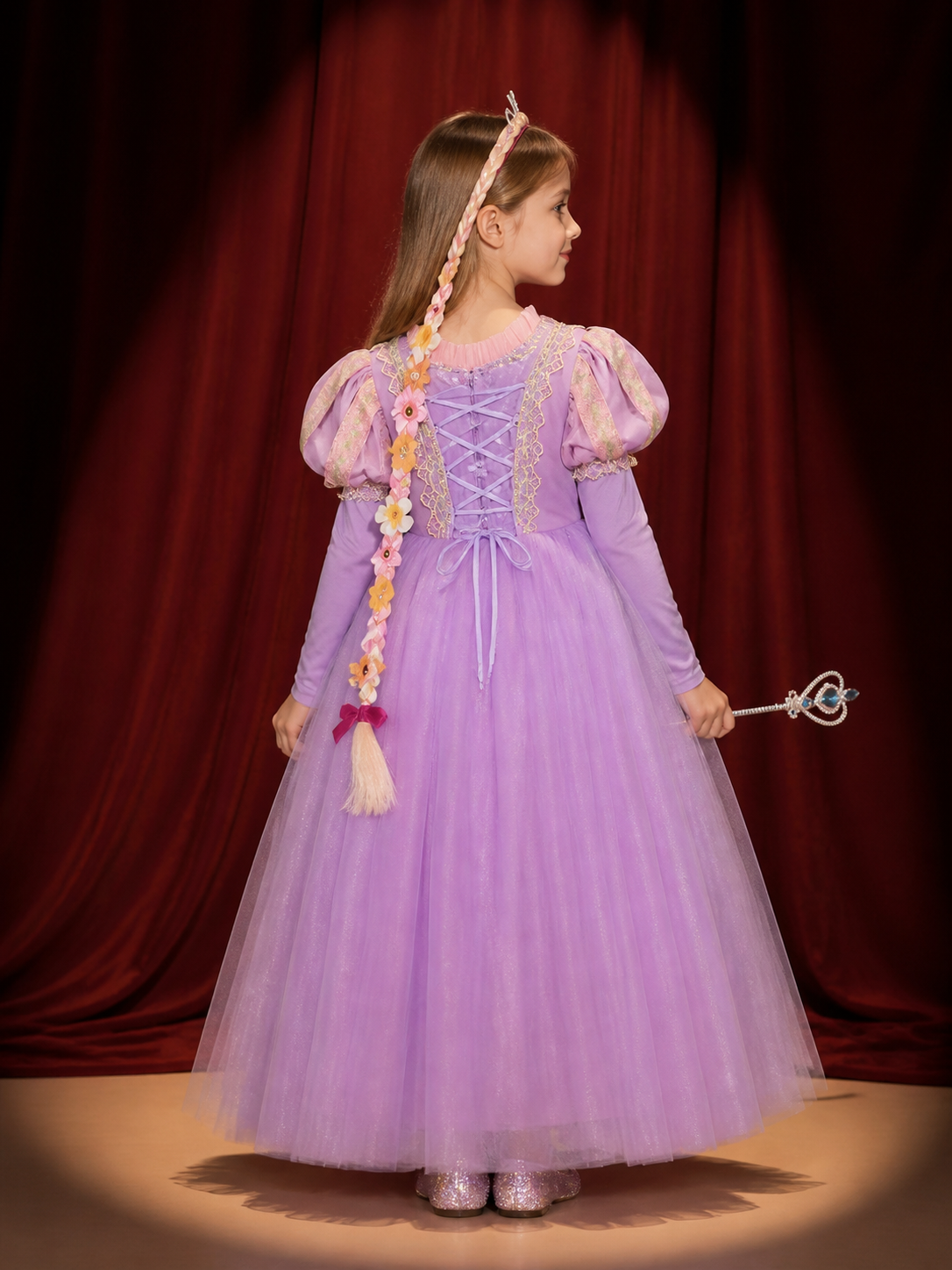 Girls Princess Costume Dress, Puffy Sleeve Tulle Ball Gown with Gold Lace Trim back view