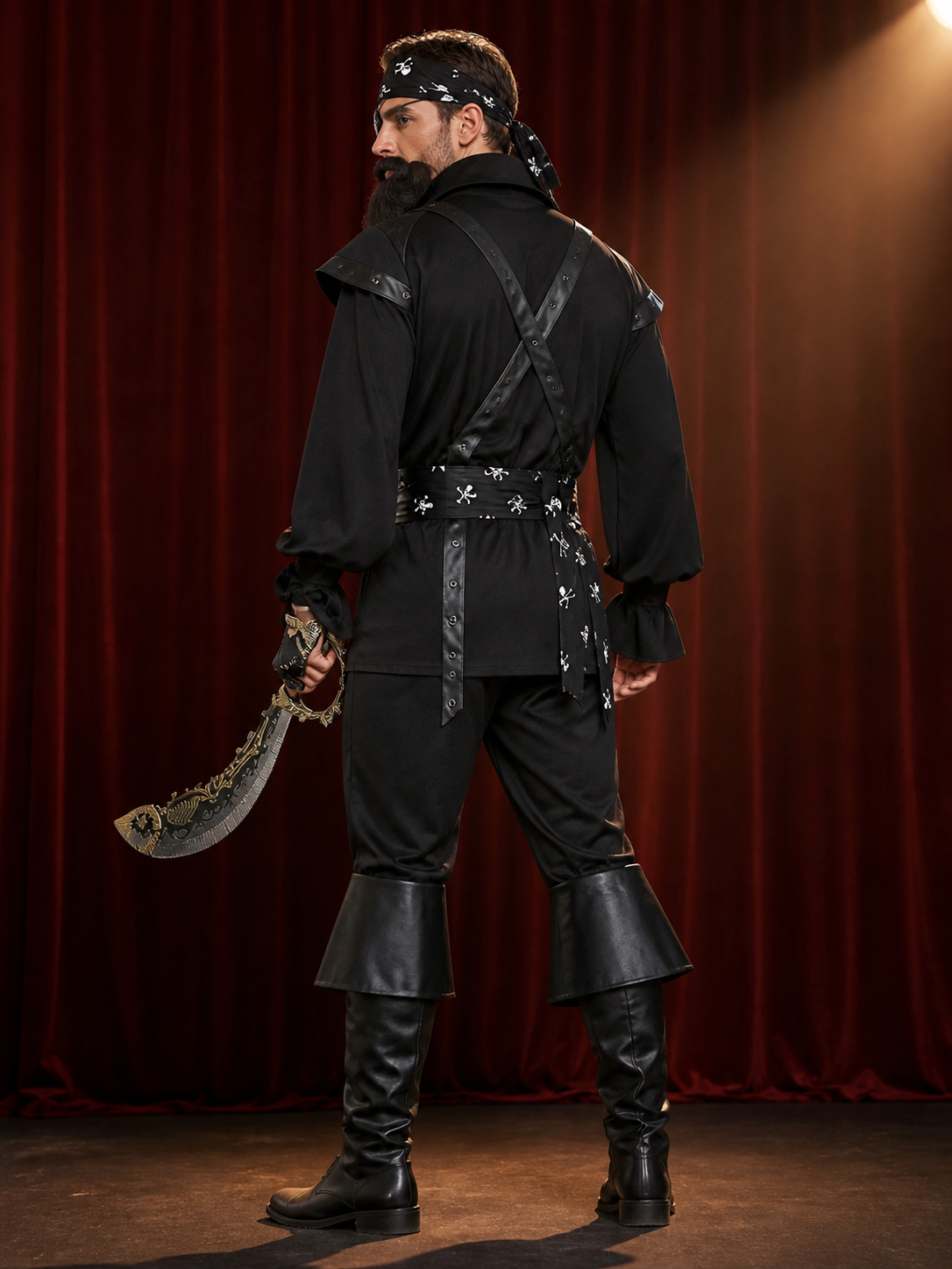 Adult Pirate Costume Set, Black Long-Sleeve Outfit With Headscarf, Beard back view