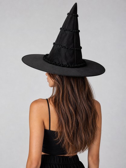 Black Halloween Witch Hat With Glossy Surface, Tall Pointed Crown And Wide Floppy Brim For Witch Cosplay Costume Party Accessory