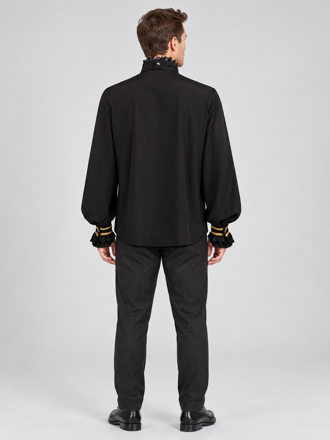 Black long-sleeved shirt with a jabot and gold trim