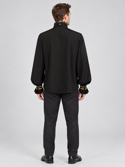 Black long-sleeved shirt with a jabot and gold trim