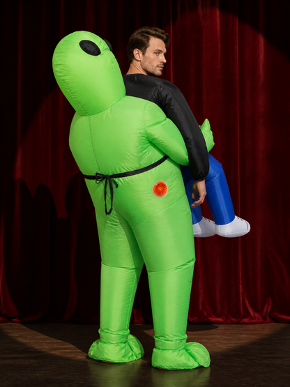 Green Inflatable Alien Costume for Halloween with Black Eyes and Red Markings back view