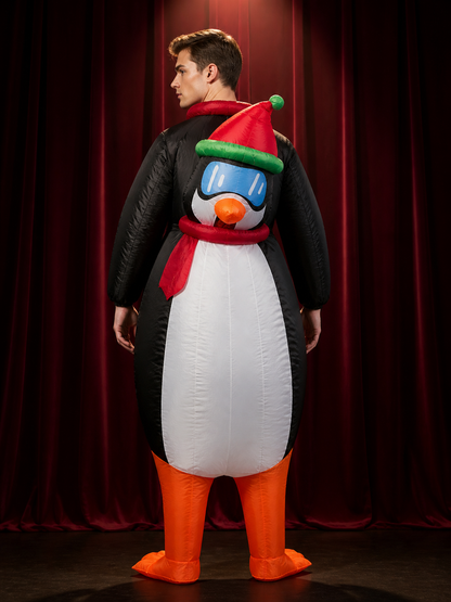 Christmas Penguin Costume with Santa Hat and Red Scarf back view