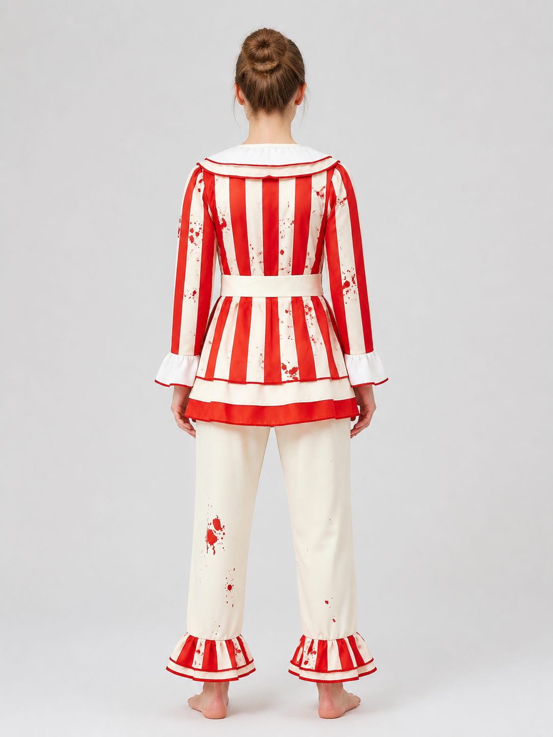 Children's Red-and-White Striped Clown Costume with Ruffles back view