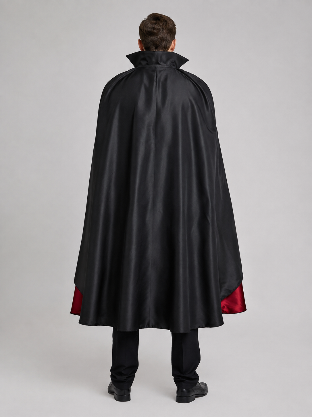 Vampire Costume with Burgundy Vest, Jabot, and Cape back view