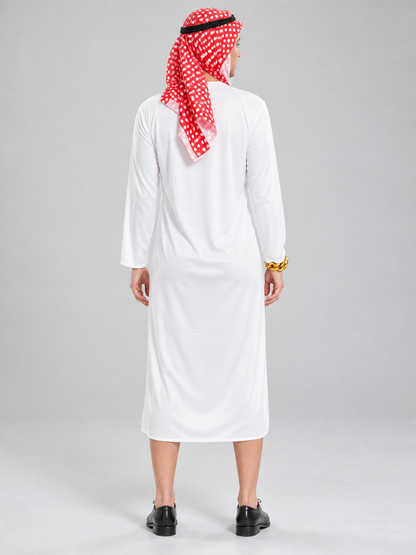 Arabian-themed carnival costume with a robe and headscarf back view
