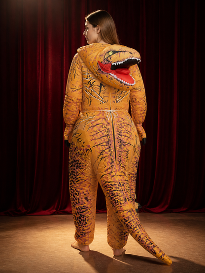 Adult T-Rex Dinosaur Costume, Orange Brown Spotted Bodysuit for Halloween back view