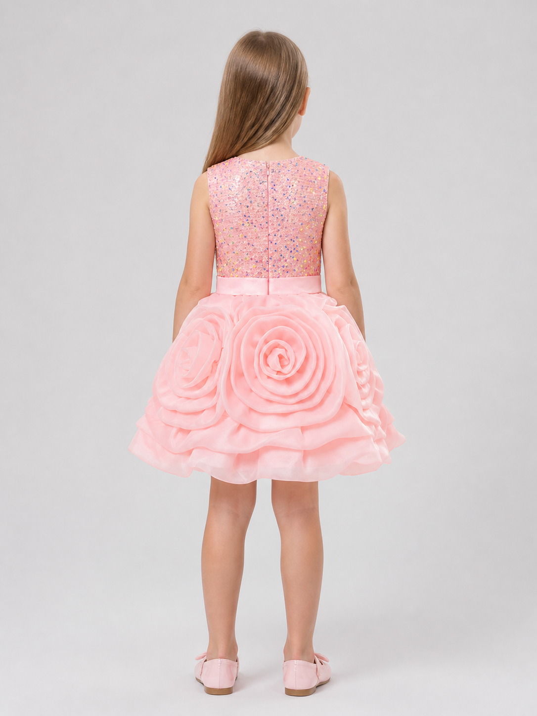Dressy Princess Dress with Sequins, Roses, and a Bow back view