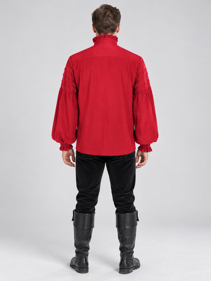 Red Pirate-Style Shirt with High Collar and Ruffles