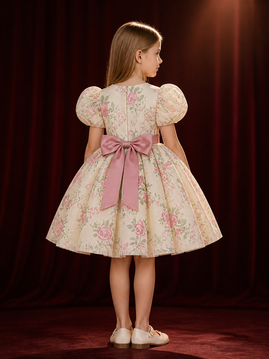 Baby Girls Floral Princess Dress, Puff Sleeves, 3D Flower Waist Detail back view