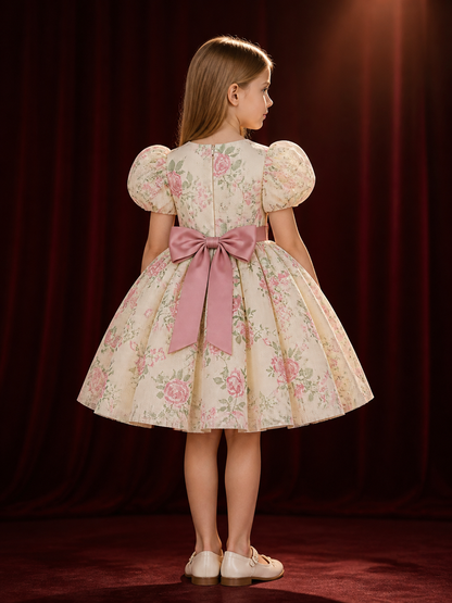 Baby Girls Floral Princess Dress, Puff Sleeves, 3D Flower Waist Detail back view