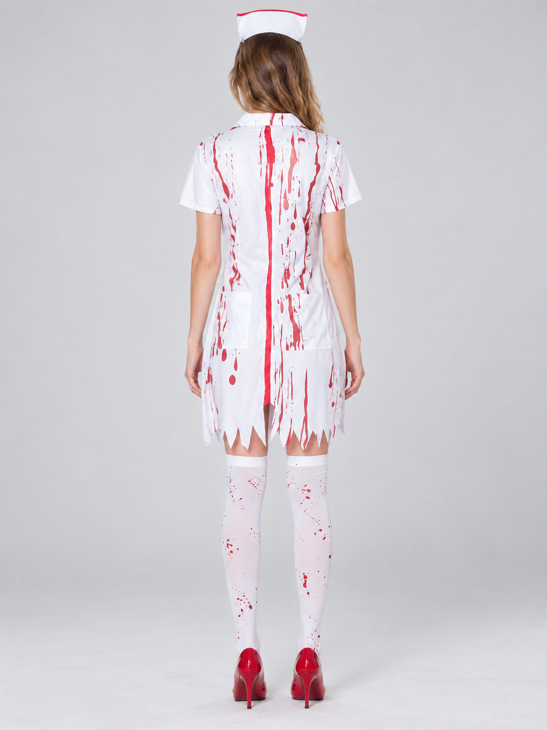 White Nurse Costume with Blood Effect, Cap, Mask
