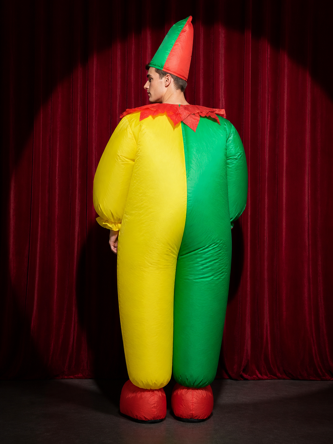 Colorful Jester Clown Inflatable Costume with Diamond Pattern and Jester Hat for back view