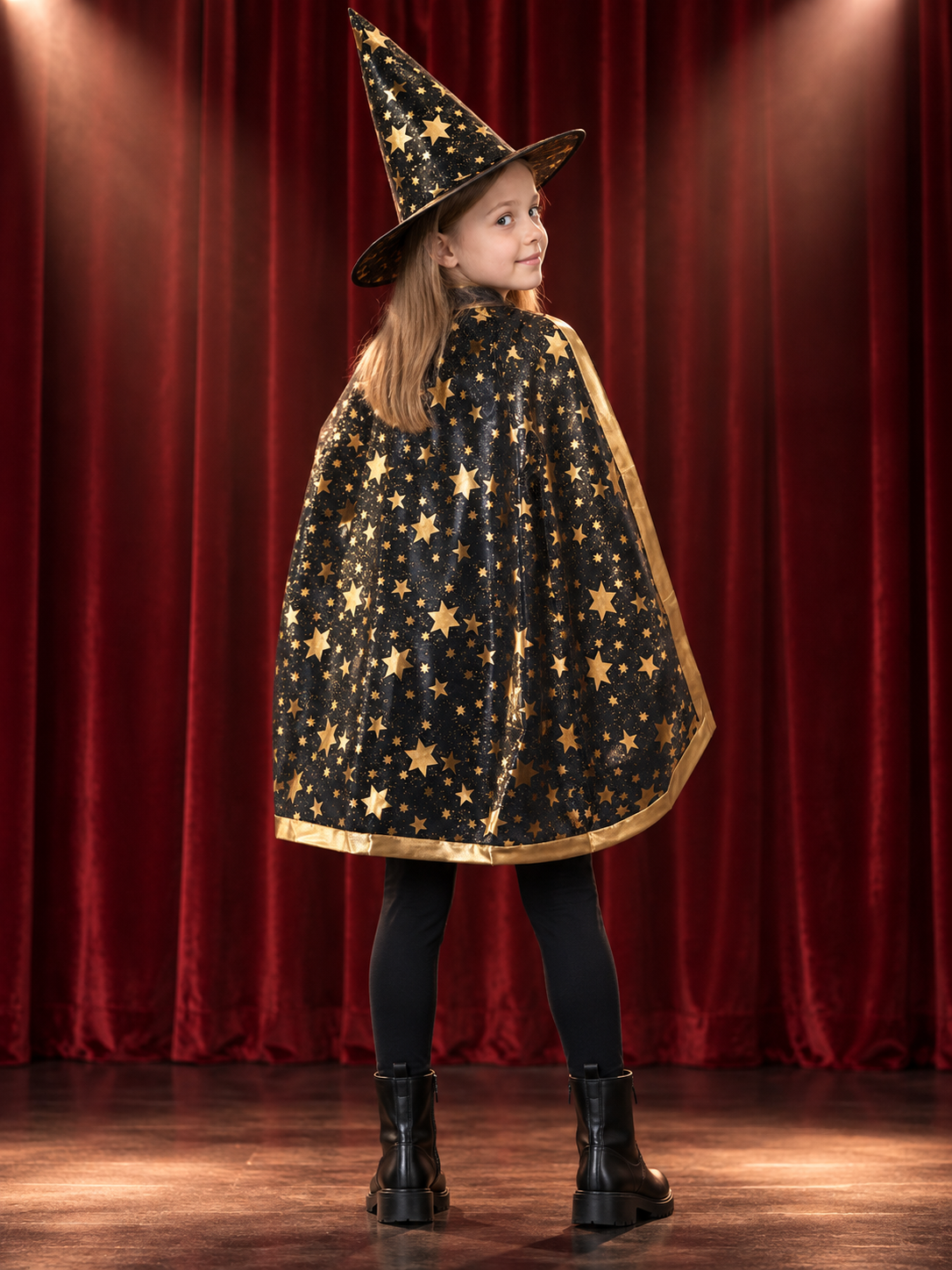 Kids' Costume: Black Cape and Hat with Stars