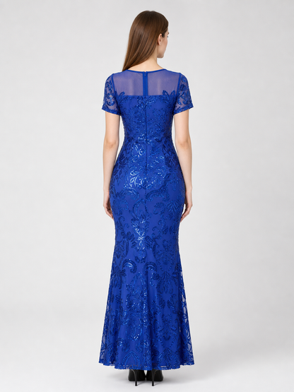 Blue evening dress with floral pattern and sequins