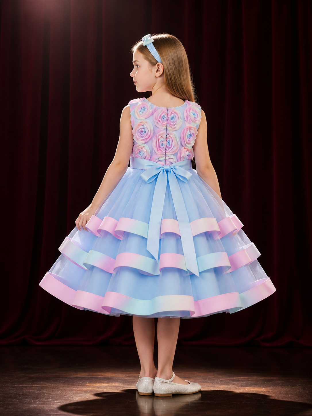 Girls' Multicolor Princess Dress with Layered Cake Skirt and Rose Detail back view